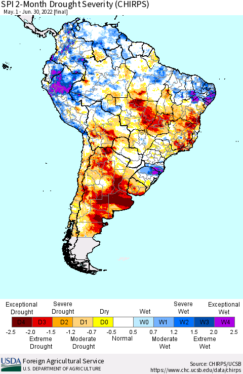 South America SPI 2-Month Drought Severity (CHIRPS) Thematic Map For 5/1/2022 - 6/30/2022