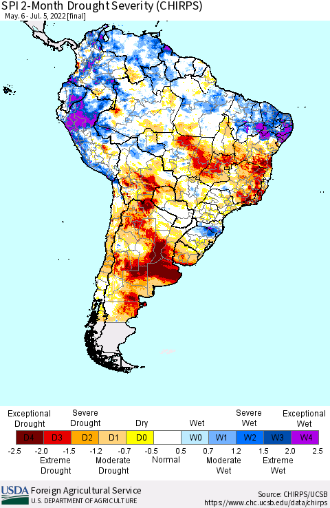 South America SPI 2-Month Drought Severity (CHIRPS) Thematic Map For 5/6/2022 - 7/5/2022