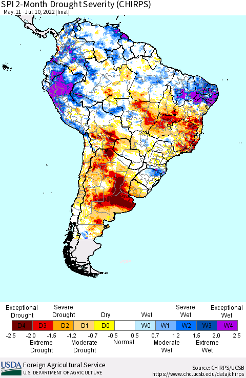 South America SPI 2-Month Drought Severity (CHIRPS) Thematic Map For 5/11/2022 - 7/10/2022