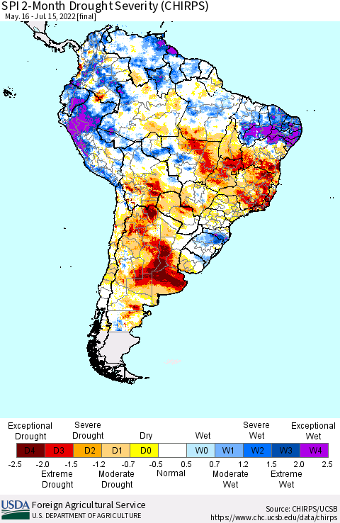 South America SPI 2-Month Drought Severity (CHIRPS) Thematic Map For 5/16/2022 - 7/15/2022