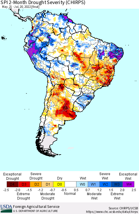 South America SPI 2-Month Drought Severity (CHIRPS) Thematic Map For 5/21/2022 - 7/20/2022