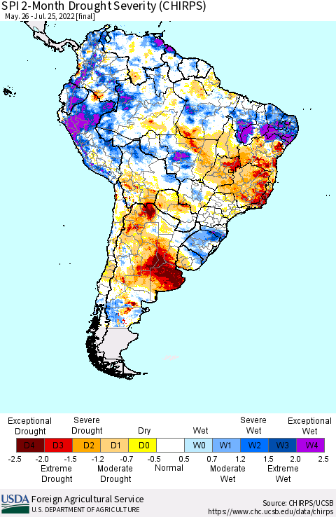 South America SPI 2-Month Drought Severity (CHIRPS) Thematic Map For 5/26/2022 - 7/25/2022