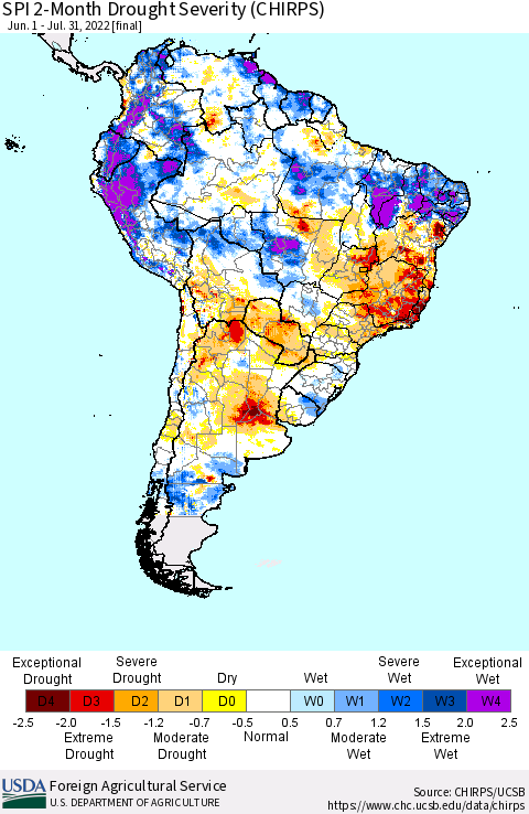 South America SPI 2-Month Drought Severity (CHIRPS) Thematic Map For 6/1/2022 - 7/31/2022