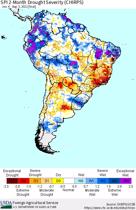 South America SPI 2-Month Drought Severity (CHIRPS) Thematic Map For 6/6/2022 - 8/5/2022