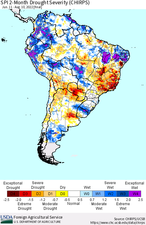South America SPI 2-Month Drought Severity (CHIRPS) Thematic Map For 6/11/2022 - 8/10/2022
