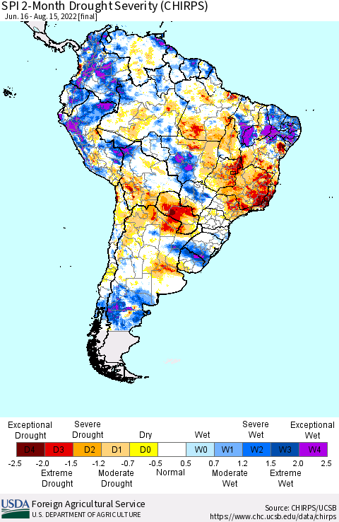 South America SPI 2-Month Drought Severity (CHIRPS) Thematic Map For 6/16/2022 - 8/15/2022