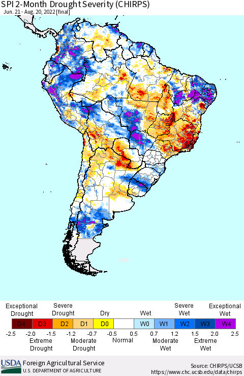 South America SPI 2-Month Drought Severity (CHIRPS) Thematic Map For 6/21/2022 - 8/20/2022
