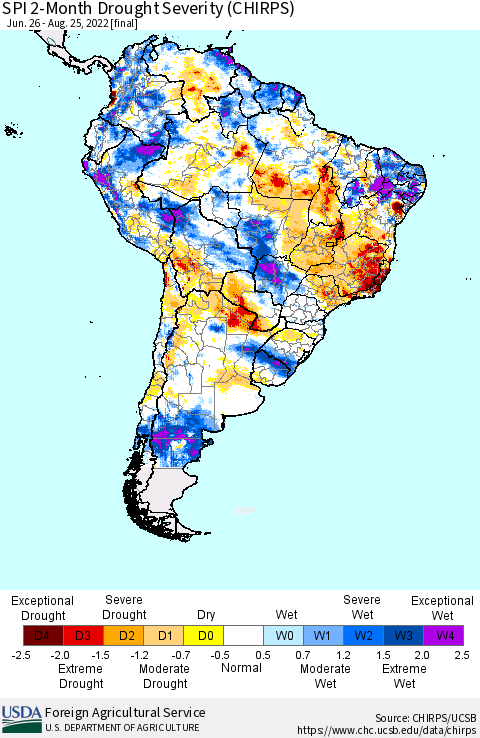 South America SPI 2-Month Drought Severity (CHIRPS) Thematic Map For 6/26/2022 - 8/25/2022