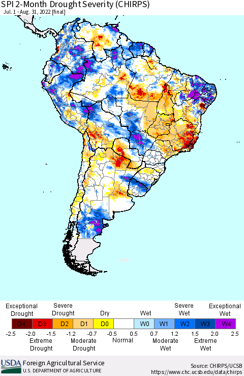 South America SPI 2-Month Drought Severity (CHIRPS) Thematic Map For 7/1/2022 - 8/31/2022