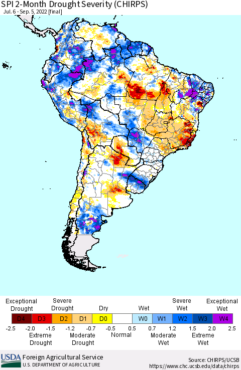 South America SPI 2-Month Drought Severity (CHIRPS) Thematic Map For 7/6/2022 - 9/5/2022