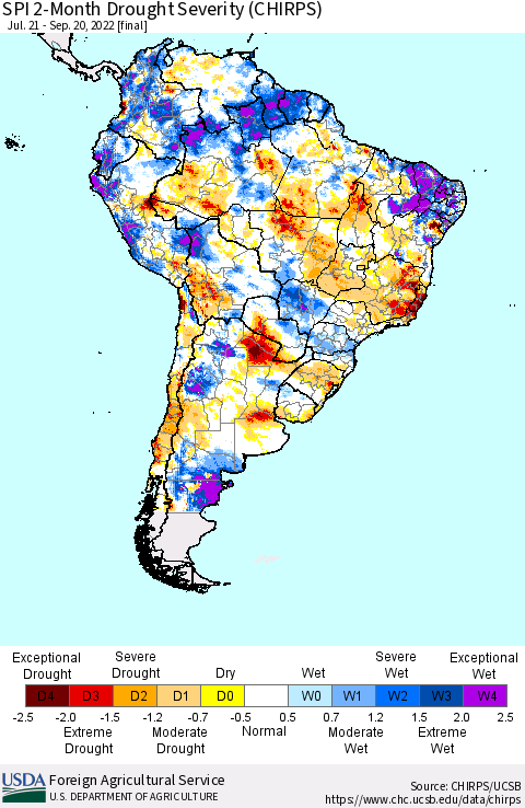 South America SPI 2-Month Drought Severity (CHIRPS) Thematic Map For 7/21/2022 - 9/20/2022