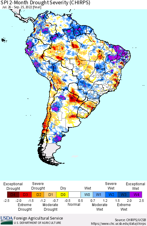 South America SPI 2-Month Drought Severity (CHIRPS) Thematic Map For 7/26/2022 - 9/25/2022