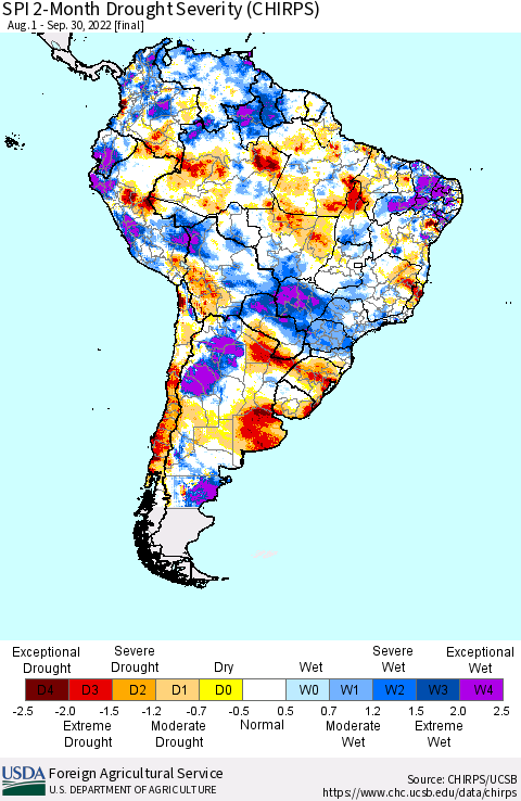 South America SPI 2-Month Drought Severity (CHIRPS) Thematic Map For 8/1/2022 - 9/30/2022