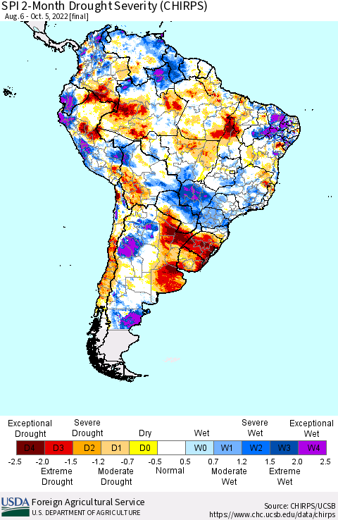 South America SPI 2-Month Drought Severity (CHIRPS) Thematic Map For 8/6/2022 - 10/5/2022