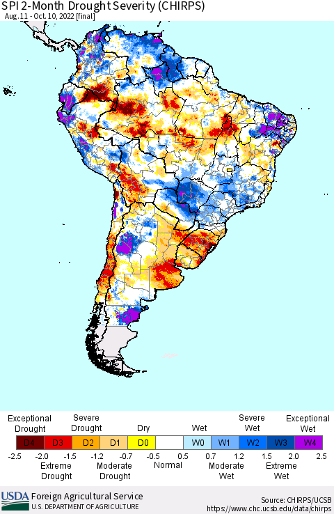 South America SPI 2-Month Drought Severity (CHIRPS) Thematic Map For 8/11/2022 - 10/10/2022