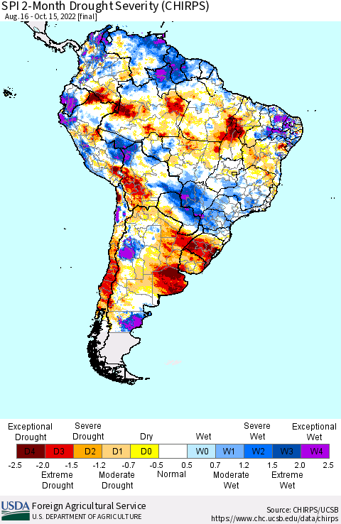 South America SPI 2-Month Drought Severity (CHIRPS) Thematic Map For 8/16/2022 - 10/15/2022