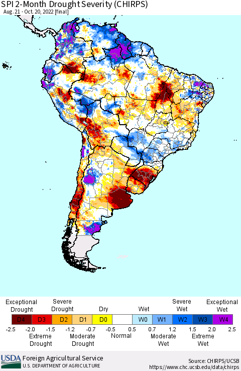 South America SPI 2-Month Drought Severity (CHIRPS) Thematic Map For 8/21/2022 - 10/20/2022