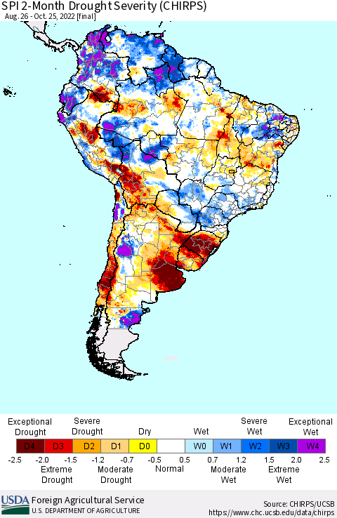 South America SPI 2-Month Drought Severity (CHIRPS) Thematic Map For 8/26/2022 - 10/25/2022