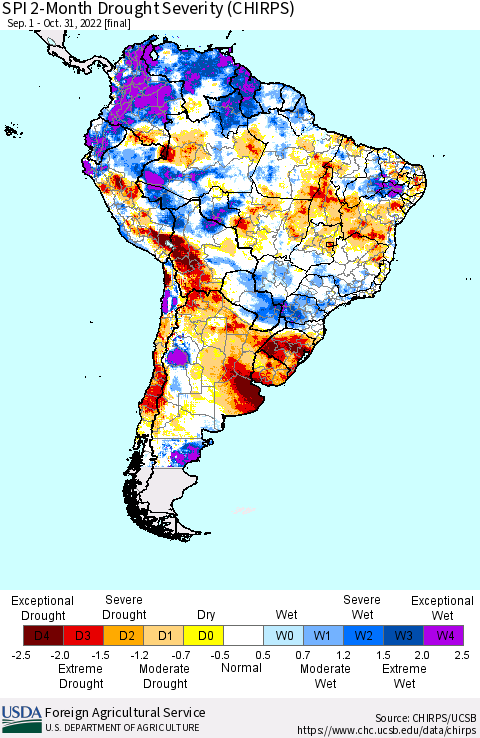 South America SPI 2-Month Drought Severity (CHIRPS) Thematic Map For 9/1/2022 - 10/31/2022