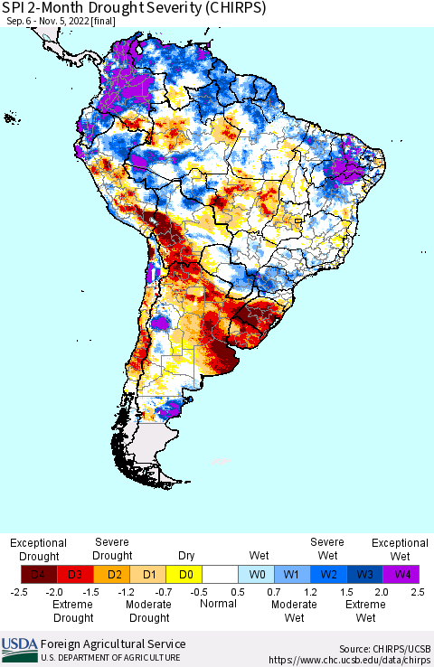 South America SPI 2-Month Drought Severity (CHIRPS) Thematic Map For 9/6/2022 - 11/5/2022