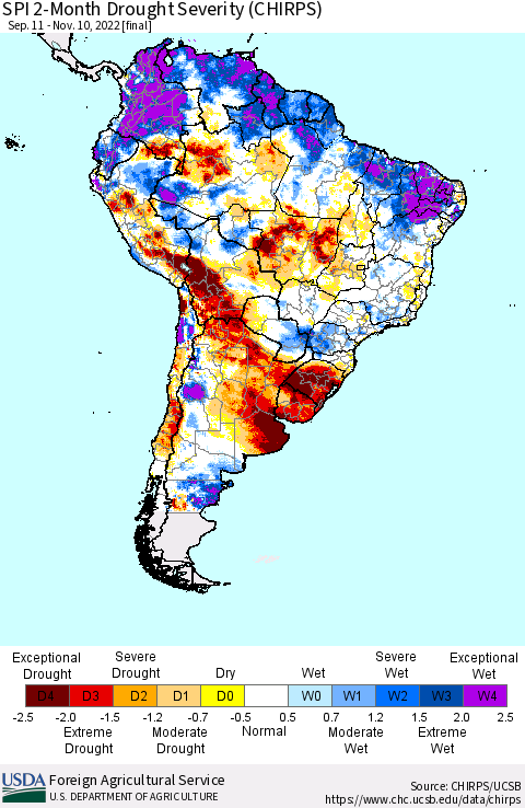 South America SPI 2-Month Drought Severity (CHIRPS) Thematic Map For 9/11/2022 - 11/10/2022