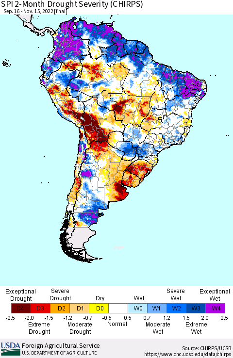 South America SPI 2-Month Drought Severity (CHIRPS) Thematic Map For 9/16/2022 - 11/15/2022