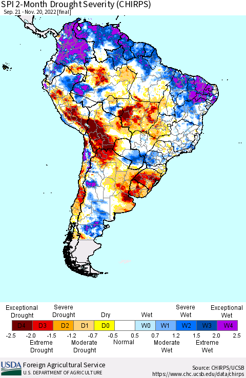 South America SPI 2-Month Drought Severity (CHIRPS) Thematic Map For 9/21/2022 - 11/20/2022