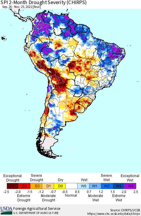 South America SPI 2-Month Drought Severity (CHIRPS) Thematic Map For 9/26/2022 - 11/25/2022
