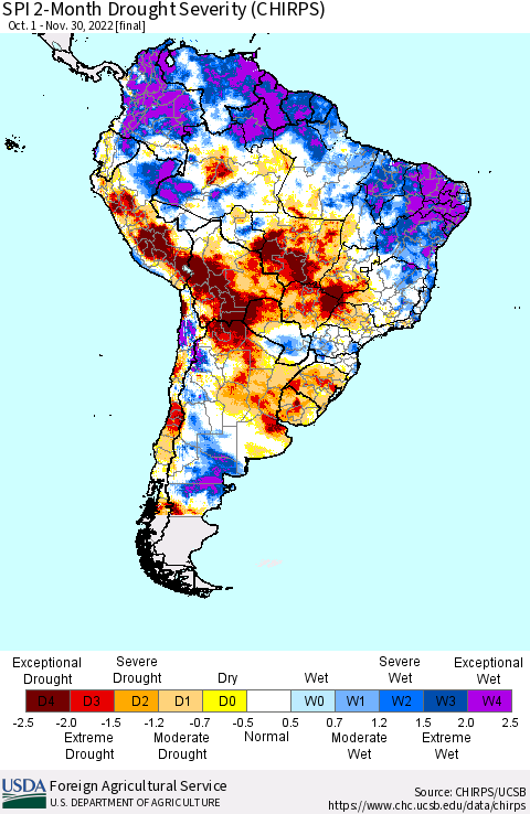 South America SPI 2-Month Drought Severity (CHIRPS) Thematic Map For 10/1/2022 - 11/30/2022