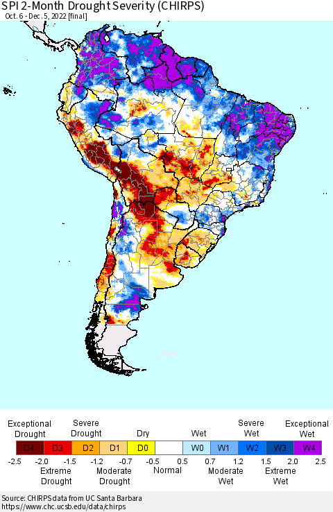 South America SPI 2-Month Drought Severity (CHIRPS) Thematic Map For 10/6/2022 - 12/5/2022