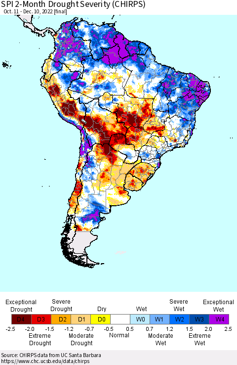 South America SPI 2-Month Drought Severity (CHIRPS) Thematic Map For 10/11/2022 - 12/10/2022