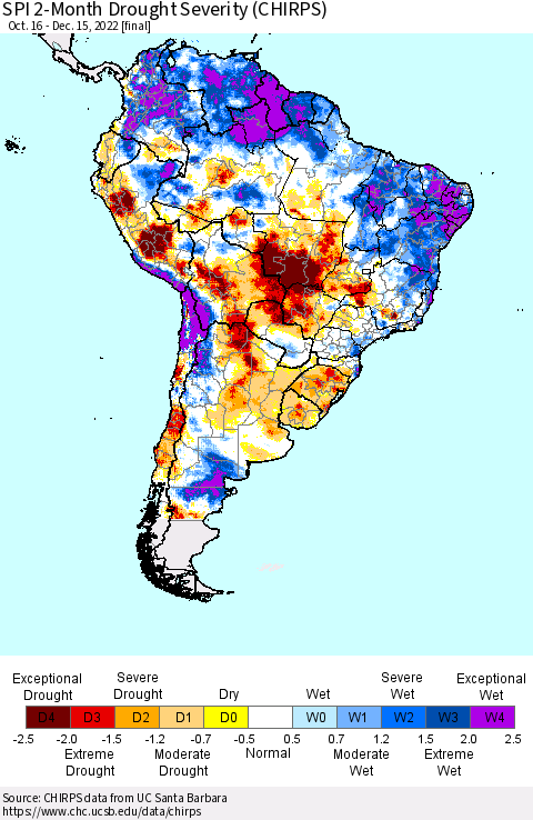 South America SPI 2-Month Drought Severity (CHIRPS) Thematic Map For 10/16/2022 - 12/15/2022