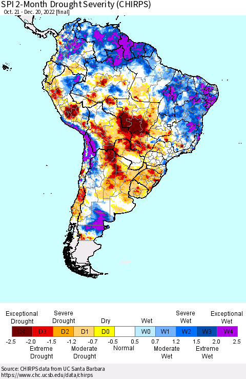 South America SPI 2-Month Drought Severity (CHIRPS) Thematic Map For 10/21/2022 - 12/20/2022
