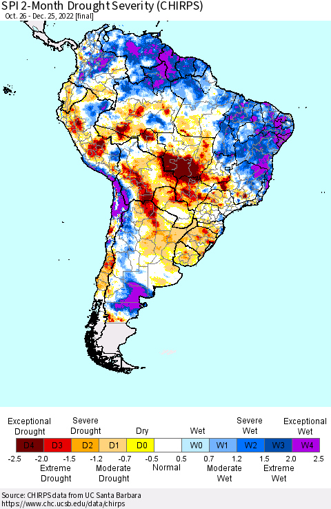 South America SPI 2-Month Drought Severity (CHIRPS) Thematic Map For 10/26/2022 - 12/25/2022