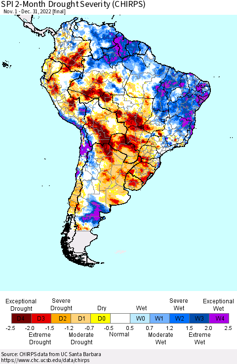 South America SPI 2-Month Drought Severity (CHIRPS) Thematic Map For 11/1/2022 - 12/31/2022