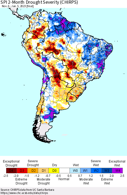 South America SPI 2-Month Drought Severity (CHIRPS) Thematic Map For 11/6/2022 - 1/5/2023