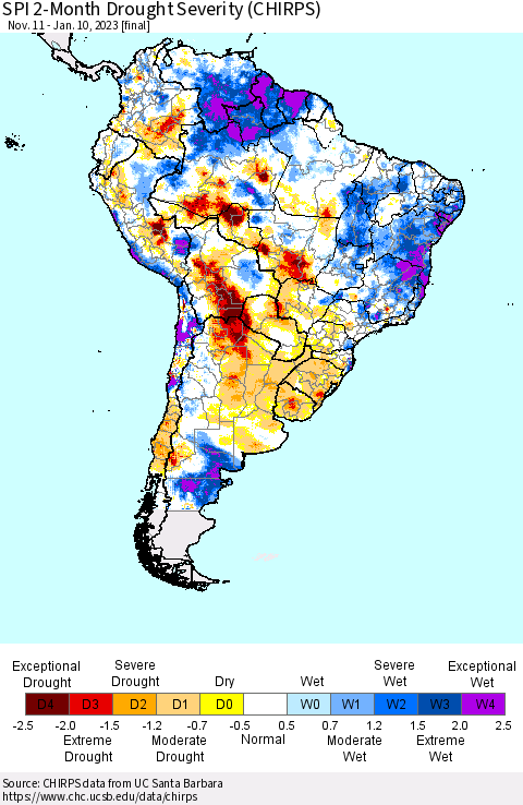 South America SPI 2-Month Drought Severity (CHIRPS) Thematic Map For 11/11/2022 - 1/10/2023