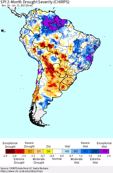 South America SPI 2-Month Drought Severity (CHIRPS) Thematic Map For 11/16/2022 - 1/15/2023