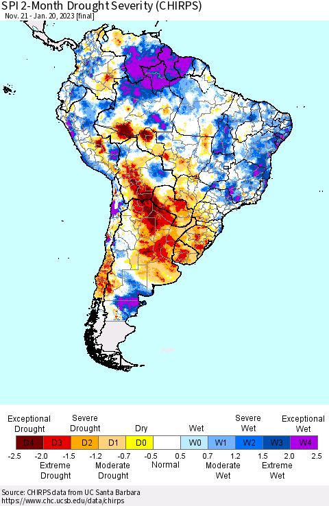 South America SPI 2-Month Drought Severity (CHIRPS) Thematic Map For 11/21/2022 - 1/20/2023