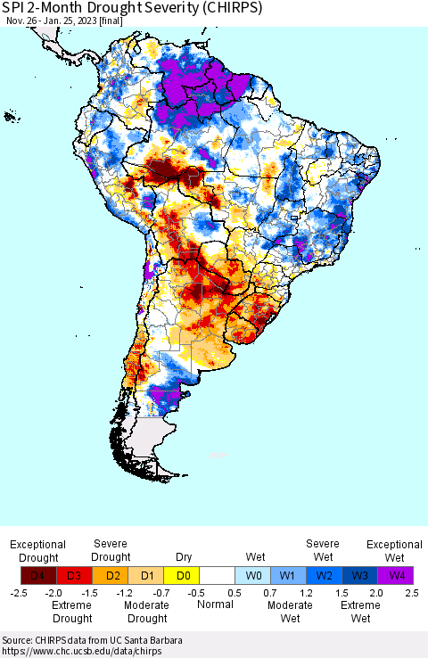 South America SPI 2-Month Drought Severity (CHIRPS) Thematic Map For 11/26/2022 - 1/25/2023