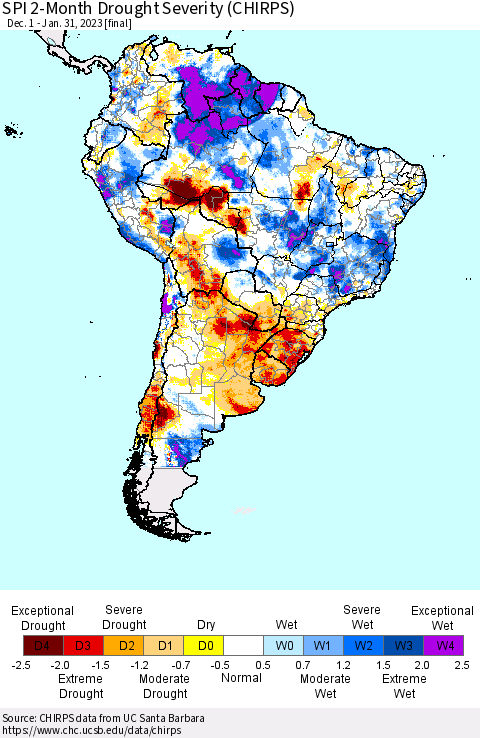 South America SPI 2-Month Drought Severity (CHIRPS) Thematic Map For 12/1/2022 - 1/31/2023