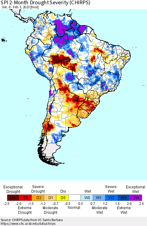 South America SPI 2-Month Drought Severity (CHIRPS) Thematic Map For 12/6/2022 - 2/5/2023
