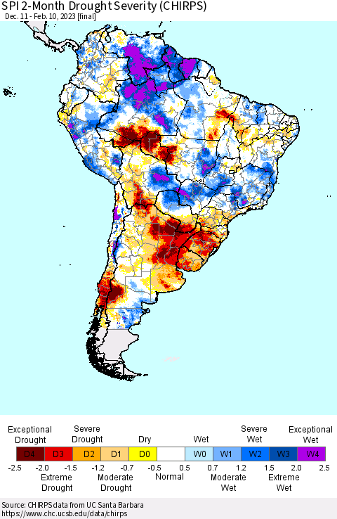 South America SPI 2-Month Drought Severity (CHIRPS) Thematic Map For 12/11/2022 - 2/10/2023