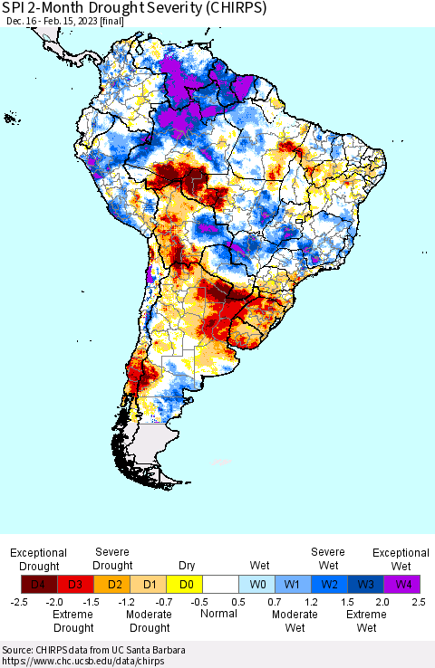 South America SPI 2-Month Drought Severity (CHIRPS) Thematic Map For 12/16/2022 - 2/15/2023