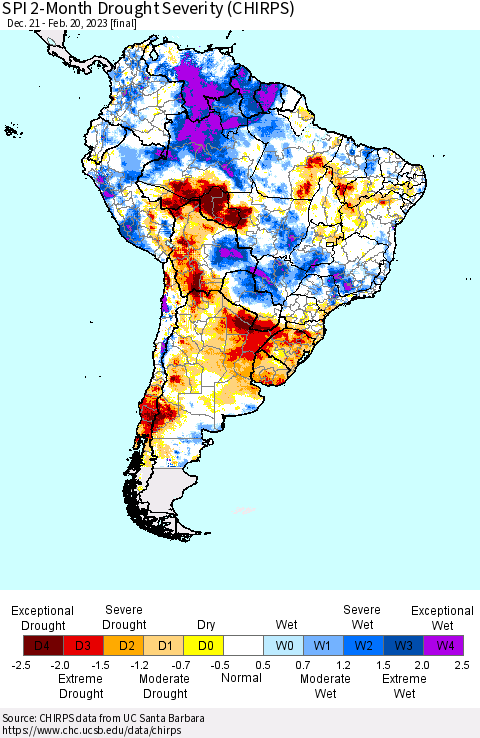 South America SPI 2-Month Drought Severity (CHIRPS) Thematic Map For 12/21/2022 - 2/20/2023