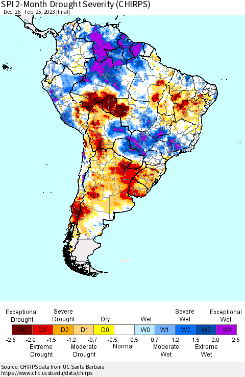 South America SPI 2-Month Drought Severity (CHIRPS) Thematic Map For 12/26/2022 - 2/25/2023