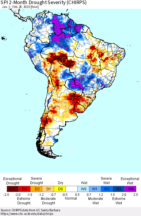 South America SPI 2-Month Drought Severity (CHIRPS) Thematic Map For 1/1/2023 - 2/28/2023