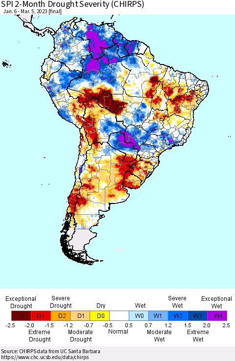 South America SPI 2-Month Drought Severity (CHIRPS) Thematic Map For 1/6/2023 - 3/5/2023