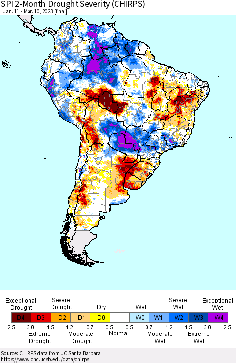 South America SPI 2-Month Drought Severity (CHIRPS) Thematic Map For 1/11/2023 - 3/10/2023