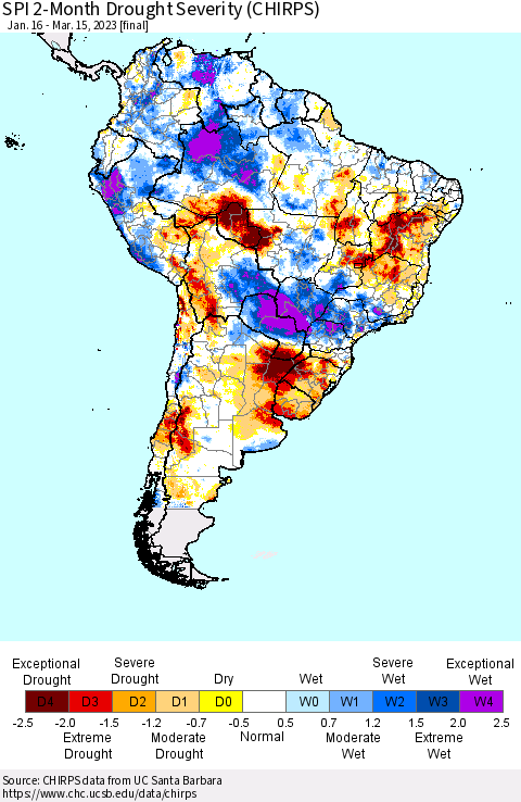 South America SPI 2-Month Drought Severity (CHIRPS) Thematic Map For 1/16/2023 - 3/15/2023